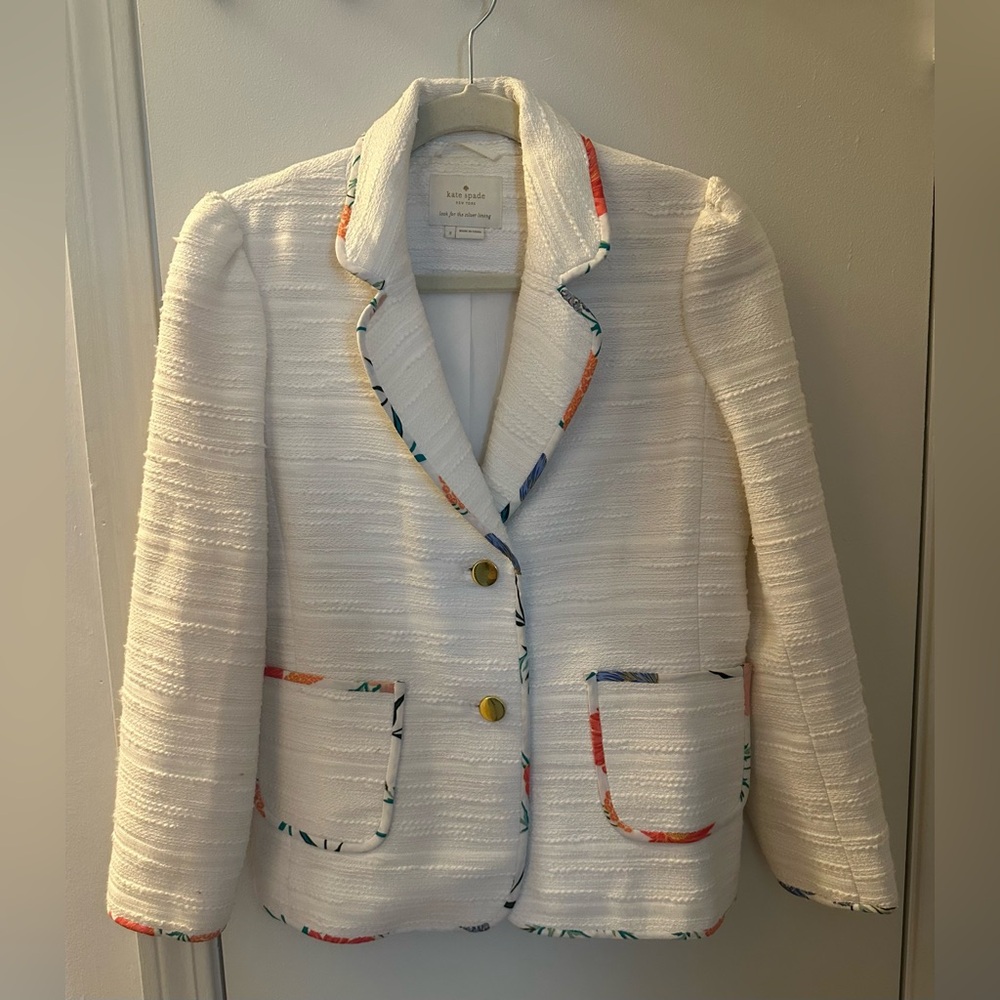 KATE SPADE Women’s White Tweed Blazer with Multicolor Floral Trim